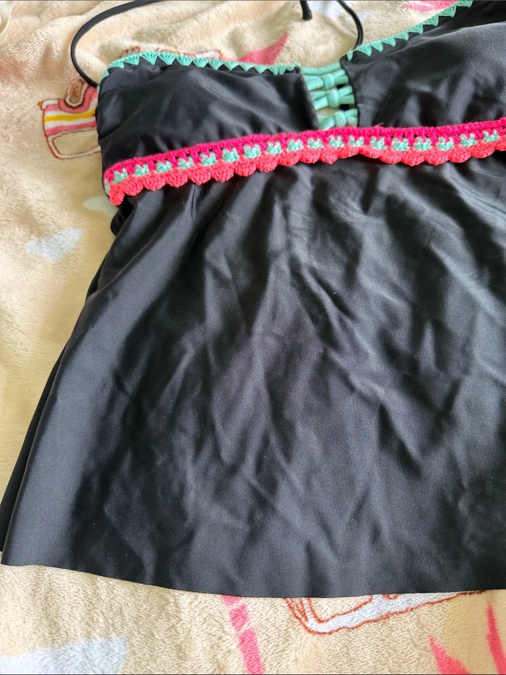 Y2K Small Crochet Black Swim Tankini Top Mint & Coral Trim Beach Summer